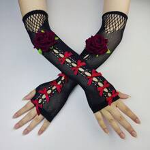 Gotische dunkelrote Spitzen-Fingerlose Handschuhe in mittlerer Länge, schwarze elastische atmungsaktive Netzhandschuhe für Partys