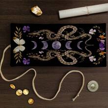 1pc Floral Lunar Snake Tarot Cards Storage Bag With Divination Tools - Black Polyester Fiber Gift Pouch, Suitable For Witchcraft, Astrology Supplies, And Holiday Parties