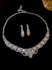 1pc Gorgeous Sparkling Crystal Leaf Pendant Adjustable Necklace + 1 Pair High-End Rhinestone Leaf Earrings For Women, Suitable For Daily, Wedding, Party, Bridal Gift, Fashion Charm Jewelry Set