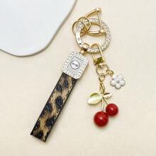 TTOBS 1pc Exquisitely Crafted Leopard Print Leather Car Key Chain With Adorable Cherry Pendant - , Fashionable And Multi-Functional Backpack Keychain - The Perfect Accessory For Backpacks. The Perfect Valentine's Day Gift, Also An Ideal Gift For Your Beloved Girlfriend.