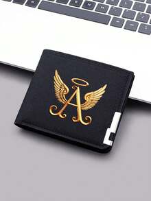 1pc Ultra-Thin Canvas Wallet With Gold Letter And Angel Wing Design - Black Zipper Coin Purse, Fashionable Daily Card And Small Change Holder - Black - View 3