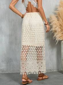 Saia Longa Boho de Crochê e Renda Feminina - Saia de Praia com Cintura Alta em Formato A, Design Vazado em Camadas, Saia Fluida de Verão para Férias, Casual, Festa - Damasco - Visão 7