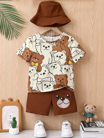 Conjunto de 2 piezas para joven niño casual con camiseta de manga corta y shorts con estampado de oso para verano, deportes, uso diario, escuela y viaje