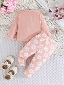 2pcs Baby Girls' Floral Print Casual T-Shirt Top And Allover Flower Allover Print Pants Set - Pink - View 2
