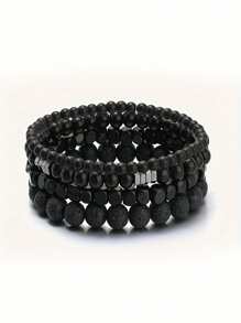 4pcs Vintage Matt Black Beaded Bracelets & Wooden Bead Bracelets For Men - Punk Style, Casual Street Fashion Accessories, Gift For Father's Day