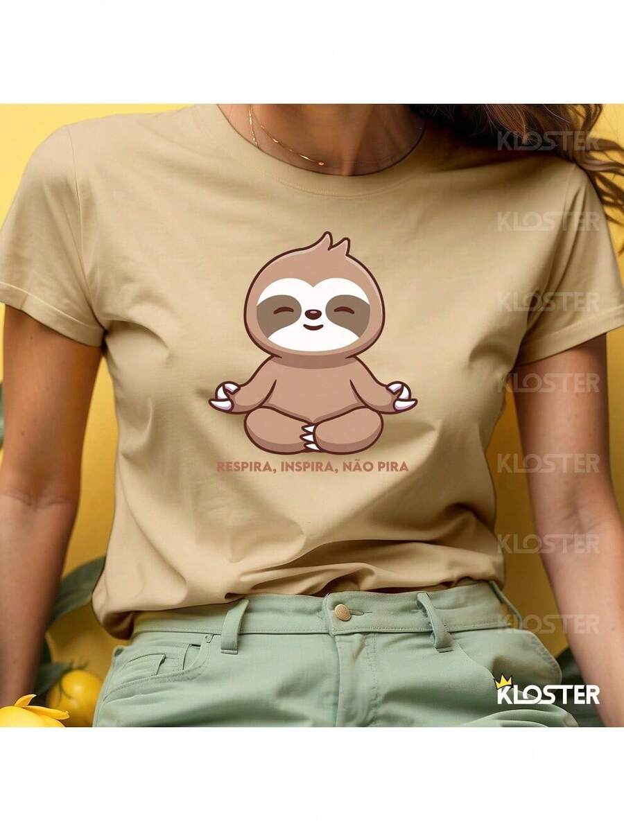 Camiseta Preguiça Respira Inspira Não Pira - Bicho Preguiça - 100% Algodão - Bege - Visão 1