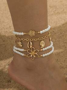 1 Set Elegant Women Pearl Anklet, Hollow Flower Shell Multi-Layer Design, Perfect Gift For Vacation - Multicolor - View 1