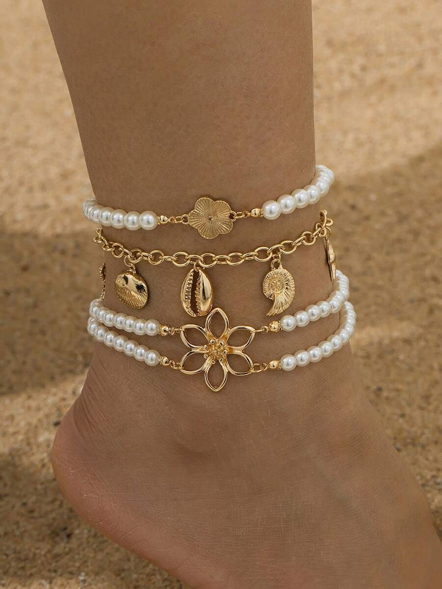1 Set Elegant Women Pearl Anklet, Hollow Flower Shell Multi-Layer Design, Perfect Gift For Vacation - Multicolor - View 1