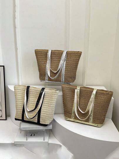 1pc New Vacation Style Large Capacity Woven Tote Bag, Shiny Sequin Patchwork Straw Beach Bag, Lightweight