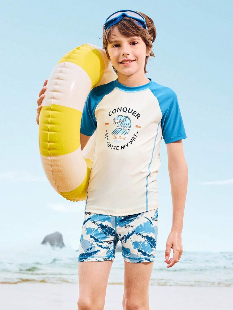 Balabala Boys' 2 Pieces Swimsuit, Chlorine-Resistant & UV Protection - White and Blue - View 1