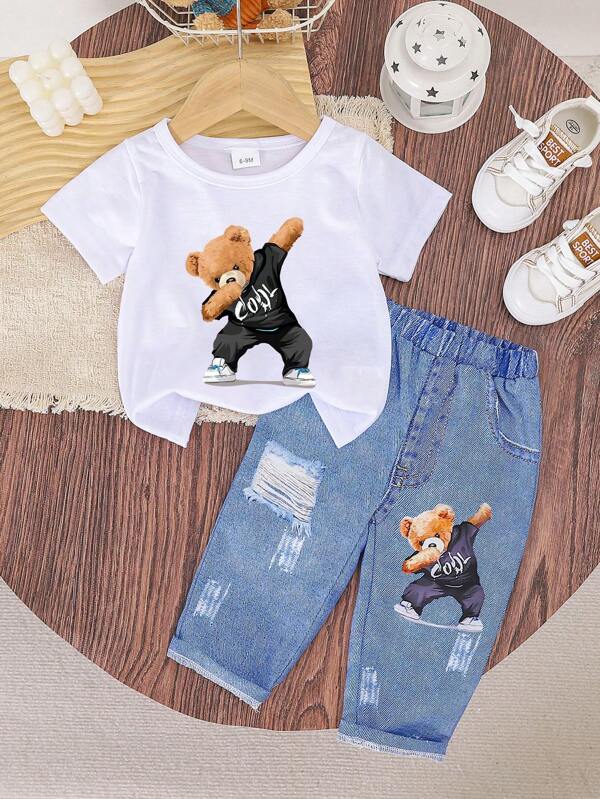 Baby Boys Casual Cute Bear Print Short Sleeve Top & Print Pants 2-Piece Set, Summer