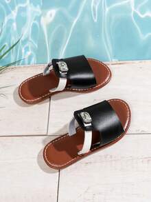 1 Pair Girls Open Toe Breathable Flat Sandals, Round Toe, Fashionable & Cute Roman Style, Suitable For 3-12 Years Old Kids, Fit For Holiday, Party, Summer - Black - View 4