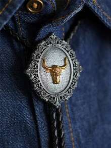 1pc Adjustable Leather Long-Horned Bull Head & Horse Horseshoe Country Party Bolo Tie, Cowboy Western Style Shirt Collar Accessory, Unisex Casual Party Wedding Groomsman Gift Leather Cord Necklace Pendant