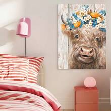 Framed Cow Wall Art Farmhouse Decor: Rustic Pretty Furry Cattle Print Wearing Wreaths For Bedroom Cute Abstract Vintage Cow Stuff Artwork, Canvas Wall Art, For Bedroom, Bathroom, Living Room, Office, Farmhouse, Home Decor, Perfect Gift - Framed - View 4