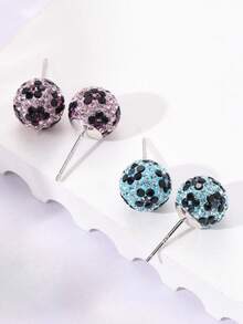 1 Pair, Elegant & Simply Style, 925 Sterling Silvery Ball With Leopard Print Stud Earrings Inlaid Shiny Rhinestone, Delicate Temperament Accessory For Daily Wear & Party - Purple Leopard Print - View 2