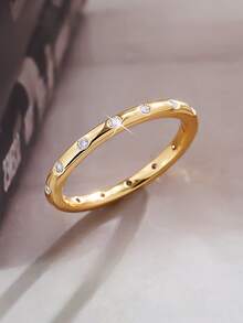 1pc Simple & Versatile Sparkling Circular Zirconia Ring, Suitable For Women And Couples For Daily Wear - Yellow Gold - View 3