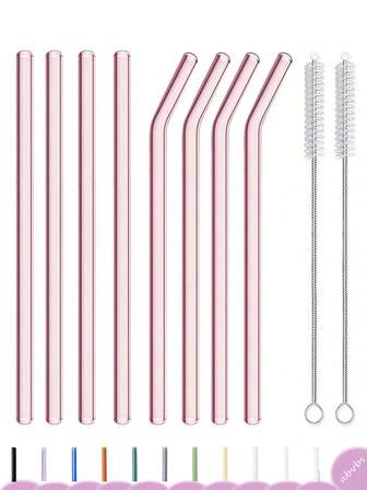 8 件粉色玻璃吸管，带 2 件吸管刷，8 毫米可重复使用吸管，弯曲和直吸管