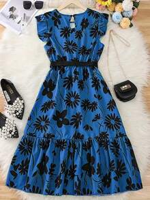 [Woven Texture] Distinctive Green Floral Mid-Length Dress With Belt For Teenage Girls - Casual Round Neck, Ruffle Sleeves, Polyester Fabric, Machine Washable - Perfect For Summer, Teenage Jumper Dress - Blue - View 2