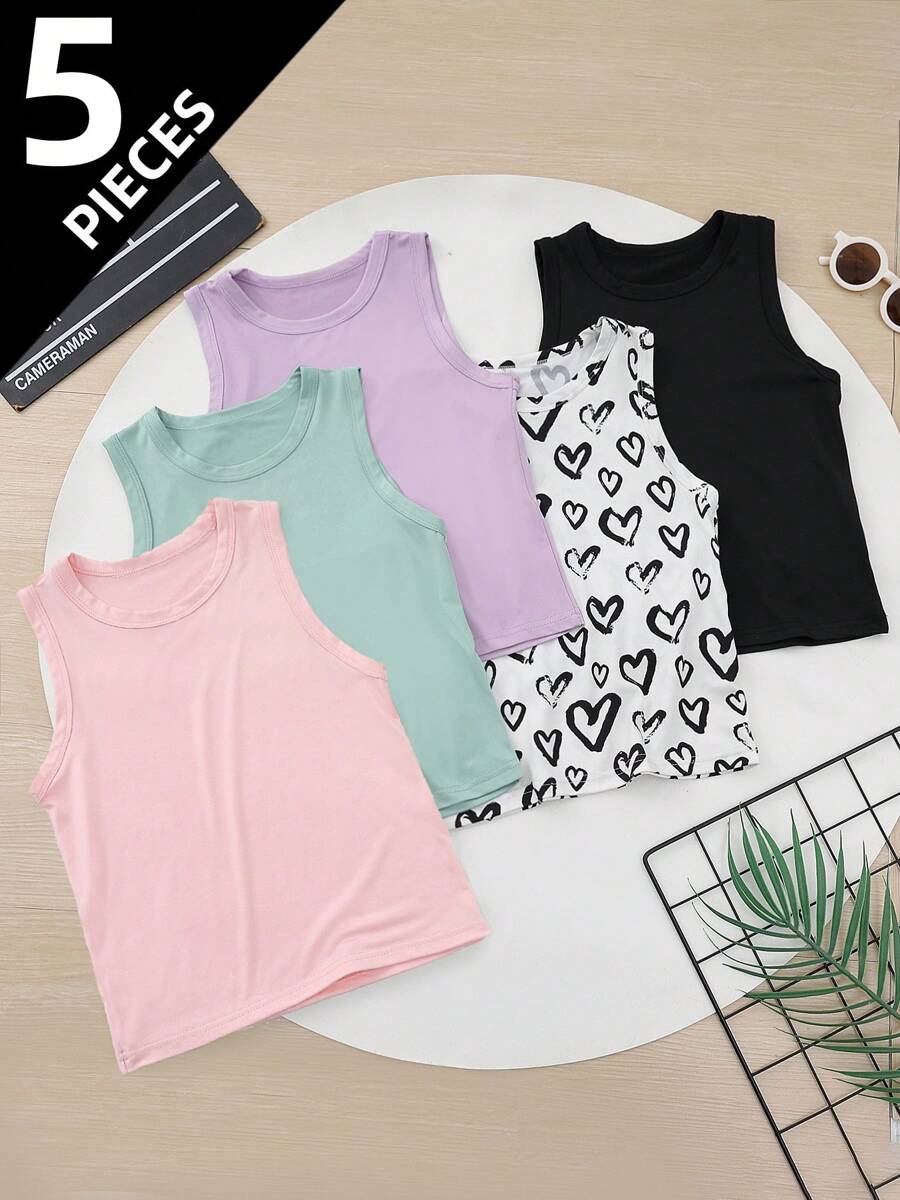 5-Piece Girls Sleeveless Camisole Top, Lightweight Inner & Outer Wear For Children Aged 4-12 Years, Summer