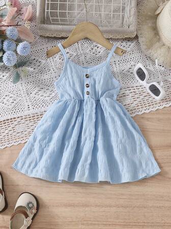 1 pieza Vestido casual y lindo de tirantes sin mangas con decoración de botones de color liso para niñas pequeñas, regalo para fiestas de vacaciones, verano