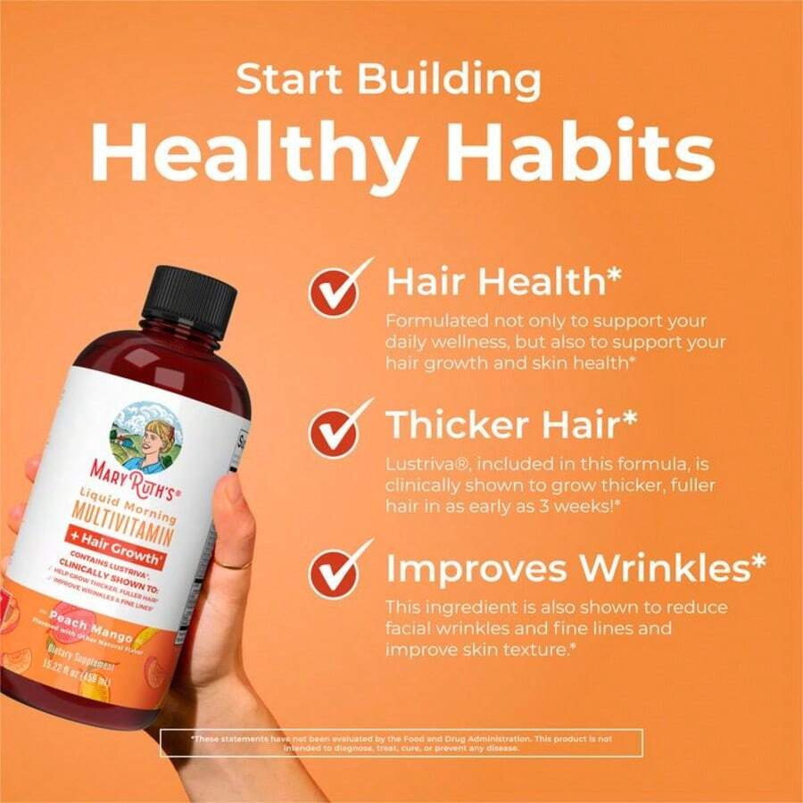 MaryRuth's Liquid Multivitamin With Lustriva – Hair Growth, Skin Smoothness & Daily Wellness | Peach Mango Flavor | Vegan | 15.22 Fl Oz - 1 cái - Xem 1
