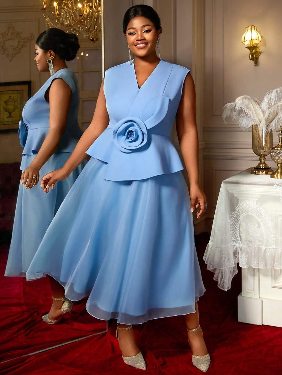 Plus Size Women Sleeveless Blazer Dress V Neck Asymmetrical Ruffle With Big Flower A-Line Swing Dresses