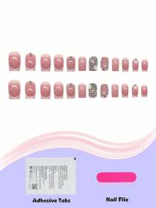 48 piezas Conjunto de uñas postizas Flash Diamond francesas cuadradas 2 en 1 para manos y pies, uñas postizas modernas y dulces para mujeres y niñas para usar uñas falsas uña falsa uña acrílica