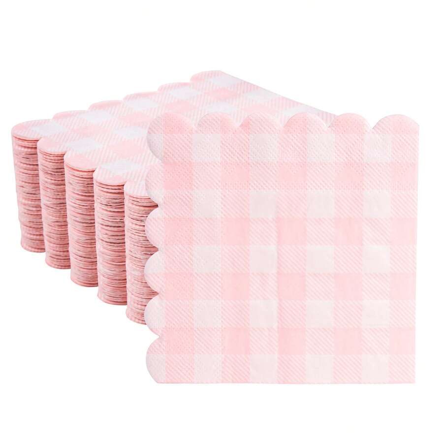 100 Pcs Pink Gingham Napkins, 5 X 5 Inches Scalloped Napkins, Disposable Cocktail Napkins For Wedding Birthday Party Shower Picnic - Multicolor - View 1