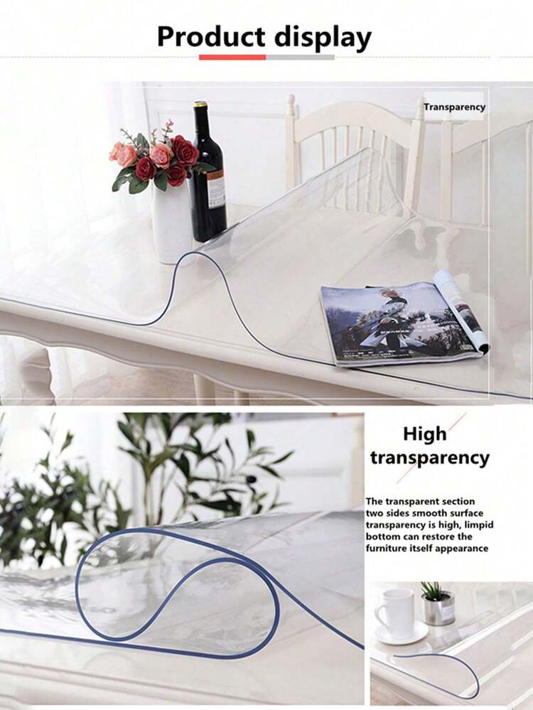 1pc Rectangular PVC Transparent Minimalist Furniture Surface Protection Crystal Mat, Suitable For Coffee Table, Bedside Table, Cabinet, Dining Table, Computer Desk, Office Desk And Various Furniture Surfaces, Protects Tablecloth, Suitable For All Seasons - Transparent - View 3