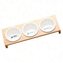 陶瓷猫碗带木架 - 适用于猫和小狗的加高三重喂食器 - 白色 - 查看 6