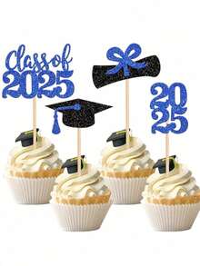 4/12/24 件/套 2025 届毕业纸杯蛋糕装饰 - 鲜艳的闪光帽子和文凭设计，优雅的木制毕业派对甜点选择，无羽毛，无需电源，庆典装饰|庆典主题|耐用的竹子材料，毕业蛋糕装饰，蓝色和黑色，黑金色 - 彩色 - 查看 11