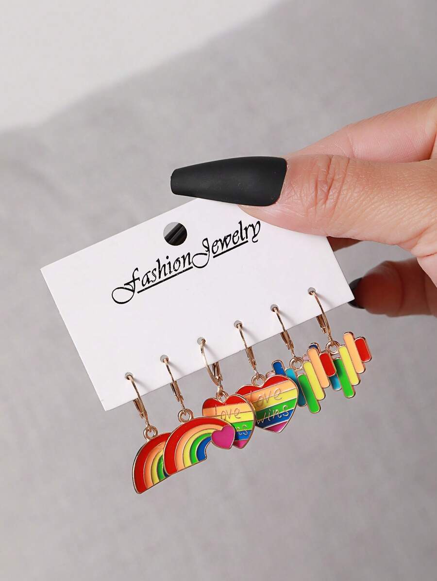 6pcs/Set Pride Month Earrings, Fashionable LGBT Rainbow Heart Shaped Earrings Set, Suitable For Men And Women, Great Gift For Friends And Girlfriends, Holiday Present