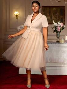 Khaki Turn-Down Collar Short Sleeve Peplum Patchwork Mesh A-Line Dress Business Party