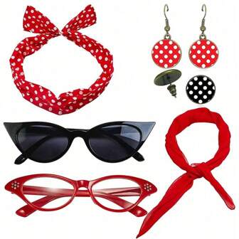 1950's Women Fancy Costume Accessories Set Red 1950s Retro Party Polka Dot Headband Chiffon Scarf 4Pcs Polka Dot Earrings 2 PC Cat Eye Glasses Halloween