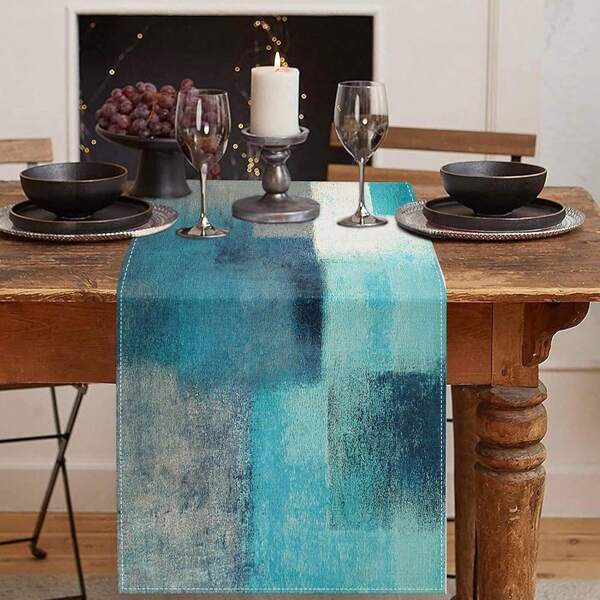 Sky Blue Abstract Dining Table Flag, Retro Color Restaurant Decoration Kitchen Tea Table Family Dinner Festive Party Wedding Decoration