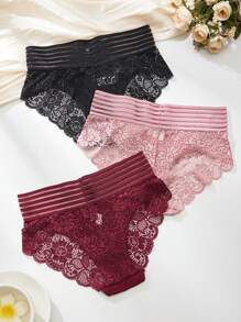 3 piezas Calzones transparentes de cintura alta para mujer, ropa interior sexy con encaje en triángulo