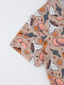 [Livanti Pajamas]2pcs/Set Women Sleepwear Set, Cooling Short Sleeve, Lapel Button Front Short Sleeve, Comfortable Loose Fit, Cartoon Floral Cowboy Boot Pattern, Suitable For All Seasons - Brown - View 6