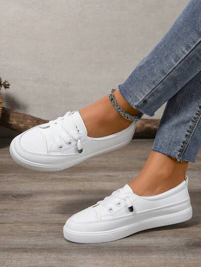 Women Plus Size White Sneakers, Fashion Flat Platform Casual Lace-Up Tennis Shoes, Versatile Student/School Shoes
