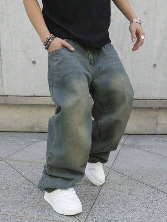 1 件复古做旧宽松阔腿牛仔裤，香港风格休闲街头漂白猫须设计男士裤子
