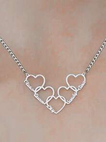1pc Personalized Name Necklace, Can Customize 1-5 Names, Multi Heart Pendant Necklace, Family English Name Necklace, Men's Stainless Steel Cuban Chain Necklace, Romantic Personalized Font Pendant Necklace, Valentine's Day Gift, Classic Elegant, Suitable For Family, Best Friends, Mother's Day Gift - Silver 2 - View 16