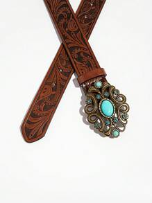 1pc Brown & Blue Agate Decor Royal Floral Embossed Waist Belt Jeans Accessory Versatile Summer, School Fall, Autumn, Halloween