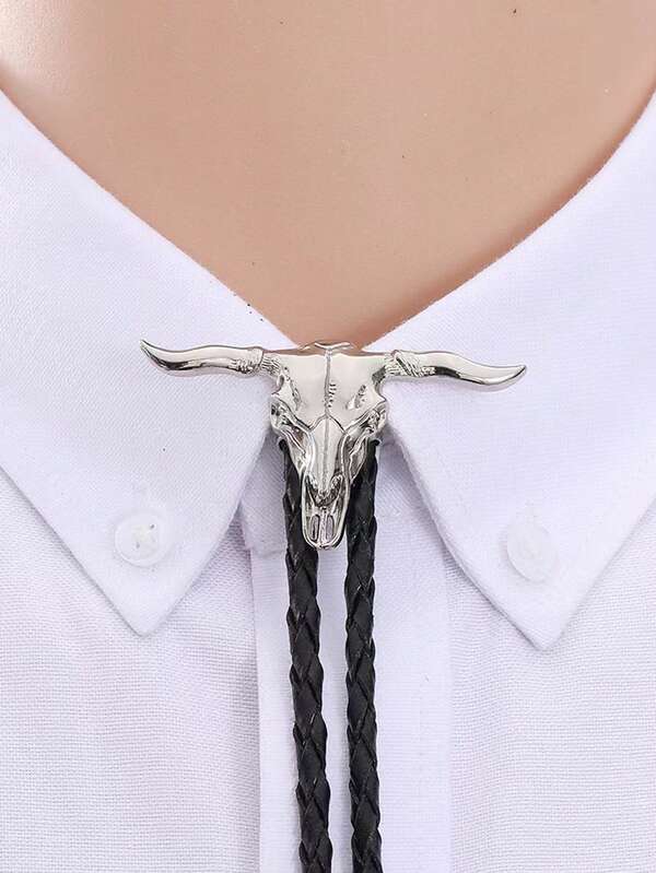 1pc Adjustable Leather Long-Horned Bull Head & Horse Horseshoe Country Party Bolo Tie, Cowboy Western Style Shirt Collar Accessory, Unisex Casual Party Wedding Groomsman Gift Leather Cord Necklace Pendant