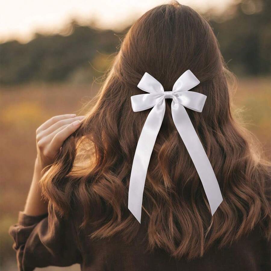 2pcs Plain Bowknot Hairclips, Versatile Hair Accessory For Back To School - Black and White - View 1