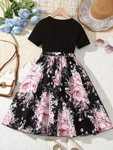 Sweet Girl Patchwork Ditsy Floral Short Sleeve Casual Summer Dress, Ditsy Floral Dress Gift - Black - View 2