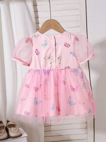 女婴蝴蝶印花拼接网眼泡泡袖连衣裙，宫廷风，适合外出、聚会、春夏