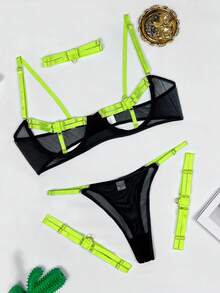 Sexy Bra Set Neckline, Thong, Leg Straps 4 Pcs (Free Collar), Rave For Going Out - fluorescent green - View 6