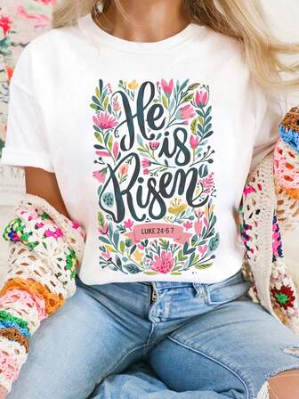 Oversize Oversized, Great Fit, Women's Round Neck Floral Short Sleeve, White "He Is Risen" Floral Print T-Shirt, Jesus Christian Believer, Bible Admonition Slogan Short Sleeve, Suitable For All Ages, Suitable For Daily Travel To Play And Party!