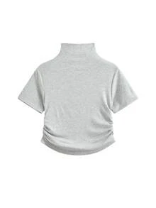 女士纯色领口短袖休闲T恤，夏季 - 淺灰色 - 查看 5