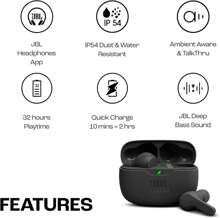 JBL Auriculares inalámbricos Bluetooth WAVE BEAM - Auriculares de música intrauriculares con cancelación de ruido para llamadas, modo Aware, a prueba de agua y polvo, hasta 32 horas de duración de la batería, compatibles con teléfonos Apple y Android
