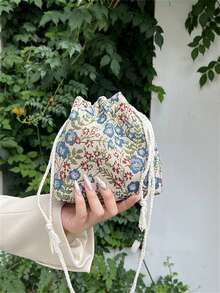 1pc Nylon Color Block Drawstring Bucket Bag With Flower Decor, Mini Shoulder Bag, Fashion Crossbody Bag. Suitable For Shopping, Wallet, Young Women, College Students, Office, Commuting, Outdoor Activities, Travel - Multicolor - View 2